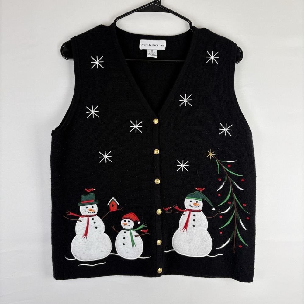 Croft & Barrow Women's Sweater Vest Size Petite Medium  Black Snowman Holiday